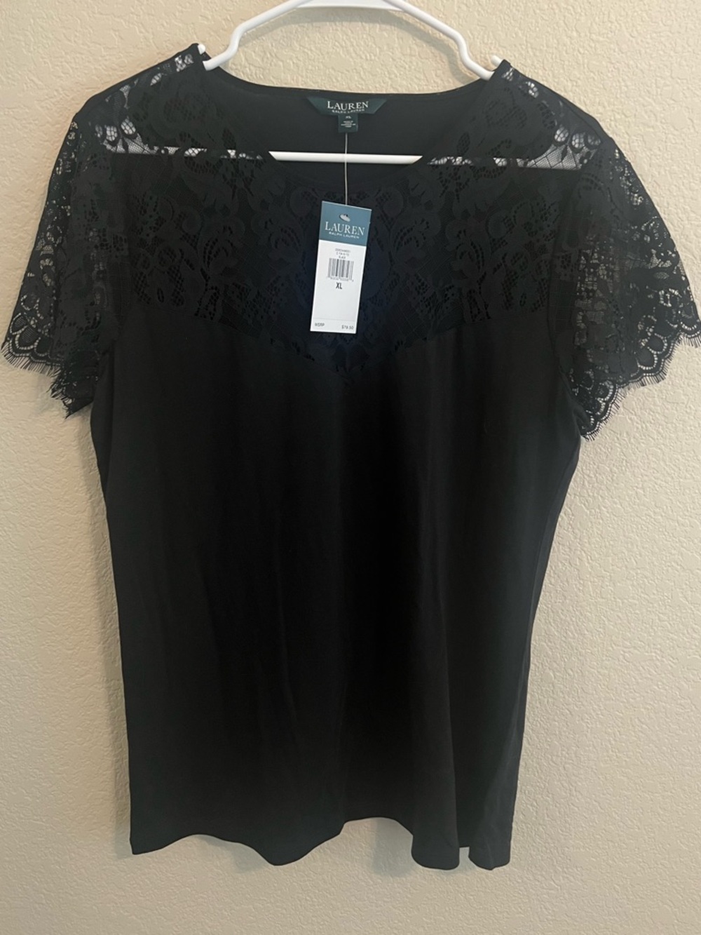 NWT Ralph Lauren Black Lace-Yoke Short Sleeve Blouse